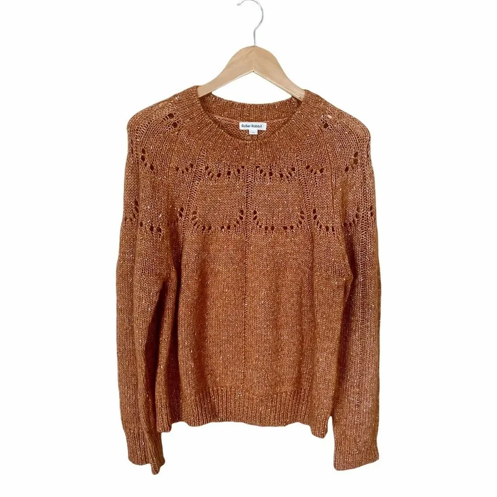 ROLLER RABBIT Velma Sweater Burnt Orange Alpaca Crew Neck Open-Knit Crew Neck - Picture 3 of 11